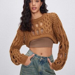 Cider Tan Open Knit Cropped Sweater